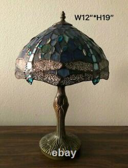 Tiffany Style Table Lamp Sea Blue Stained Glass Dragonfly Antique Vintage H19