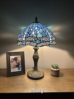 Tiffany Style Table Lamp Sea Blue Stained Glass Dragonfly Vintage H19W12