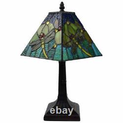Tiffany Style Table Lamp Small Square Dragonfly Green Yellow Blue Stained Glass