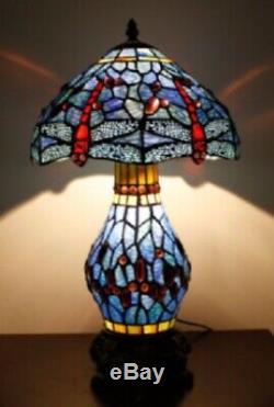 Tiffany Style Table Lamp Stained Glass Base Handcrafted Shade Light Dragonfly