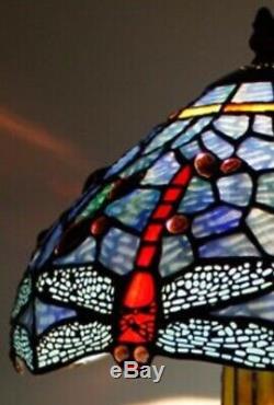 Tiffany Style Table Lamp Stained Glass Base Handcrafted Shade Light Dragonfly