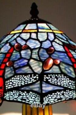 Tiffany Style Table Lamp Stained Glass Base Handcrafted Shade Light Dragonfly
