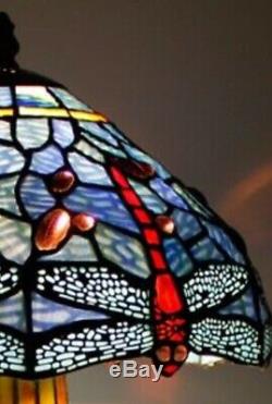 Tiffany Style Table Lamp Stained Glass Base Handcrafted Shade Light Dragonfly