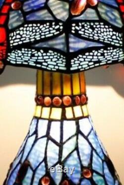 Tiffany Style Table Lamp Stained Glass Base Handcrafted Shade Light Dragonfly