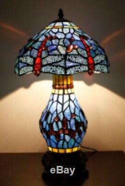 Tiffany Style Table Lamp Stained Glass Base Handcrafted Shade Light Dragonfly