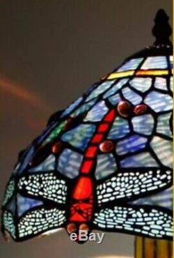 Tiffany Style Table Lamp Stained Glass Base Handcrafted Shade Light Dragonfly