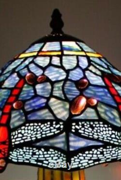 Tiffany Style Table Lamp Stained Glass Base Handcrafted Shade Light Dragonfly