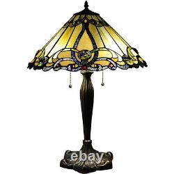 Tiffany Style Table Lamp Stained Glass Gold Beige Amber Jeweled Shade