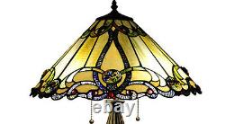 Tiffany Style Table Lamp Stained Glass Gold Beige Amber Jeweled Shade