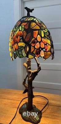 Tiffany Style Table Lamp Stained Glass Grapes Leaves Design Iron Base With2 Birds