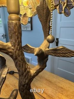 Tiffany Style Table Lamp Stained Glass Grapes Leaves Design Iron Base With2 Birds