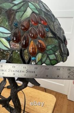 Tiffany Style Table Lamp Stained Glass Grapes Leaves Design Iron Base With2 Birds