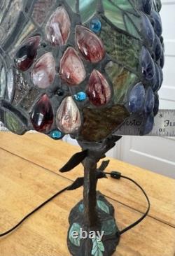 Tiffany Style Table Lamp Stained Glass Grapes Leaves Design Iron Base With2 Birds