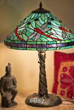 Tiffany Style Table Lamp Stained Glass Red Dragonfly with Dragonfly Metal Base