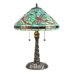 Tiffany Style Table Lamp Stained Glass Red Dragonfly with Dragonfly Metal Base