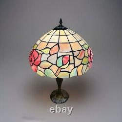 Tiffany Style Table Lamp Stained Glass Red Multi Color Flowers Vintage H23xW16