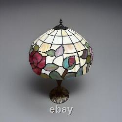 Tiffany Style Table Lamp Stained Glass Red Multi Color Flowers Vintage H23xW16