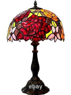 Tiffany Style Table Lamp Stained Glass Red Rose Desk Lamp Lights 19 Inch Tall