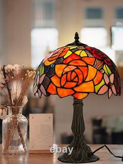 Tiffany Style Table Lamp Stained Glass Red Rose Desk Lamp Lights 19 Inch Tall