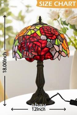 Tiffany Style Table Lamp Stained Glass Red Rose Desk Lamp Lights 19 Inch Tall