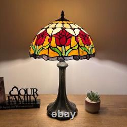 Tiffany Style Table Lamp Stained Glass Red Tulips LED Bulb Included 12W19H