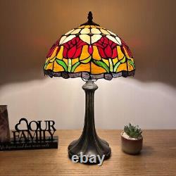 Tiffany Style Table Lamp Stained Glass Red Tulips LED Bulb Included 12W19H