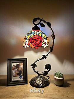 Tiffany Style Table Lamp Stained Glass Rose Flowers LED Bulb 11W8D21H