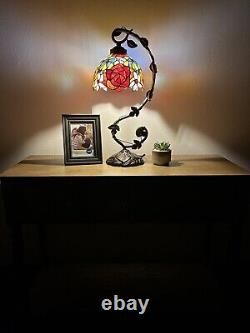 Tiffany Style Table Lamp Stained Glass Rose Flowers LED Bulb 11W8D21H