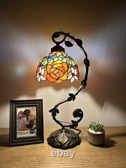 Tiffany Style Table Lamp Stained Glass Rose Flowers LED Bulb 11W8D21H