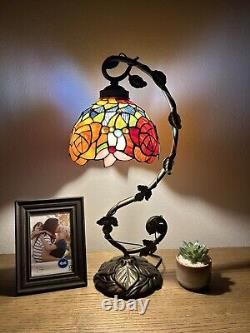 Tiffany Style Table Lamp Stained Glass Rose Flowers LED Bulb 11W8D21H