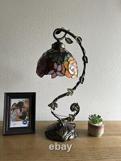 Tiffany Style Table Lamp Stained Glass Rose Flowers LED Bulb 11W8D21H