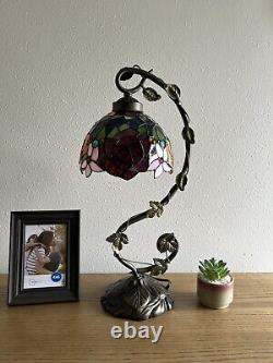 Tiffany Style Table Lamp Stained Glass Rose Flowers LED Bulb 11W8D21H