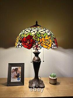 Tiffany Style Table Lamp Stained Glass Rose Flowers LED Bulbs Included H24W16