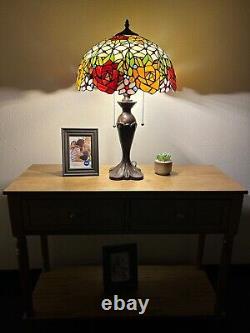 Tiffany Style Table Lamp Stained Glass Rose Flowers LED Bulbs Included H24W16