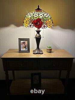 Tiffany Style Table Lamp Stained Glass Rose Flowers LED Bulbs Included H24W16