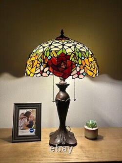 Tiffany Style Table Lamp Stained Glass Rose Flowers LED Bulbs Included H24W16