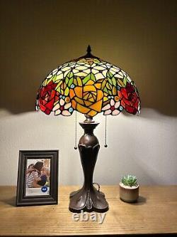 Tiffany Style Table Lamp Stained Glass Rose Flowers LED Bulbs Included H24W16