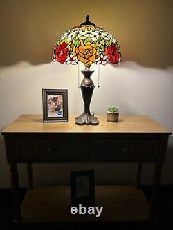 Tiffany Style Table Lamp Stained Glass Rose Flowers LED Bulbs Included H24W16