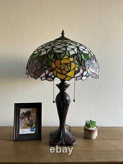 Tiffany Style Table Lamp Stained Glass Rose Flowers LED Bulbs Included H24W16