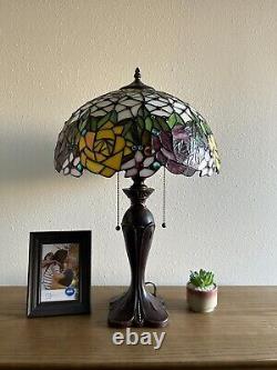 Tiffany Style Table Lamp Stained Glass Rose Flowers LED Bulbs Included H24W16