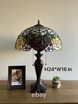 Tiffany Style Table Lamp Stained Glass Rose Flowers LED Bulbs Included H24W16