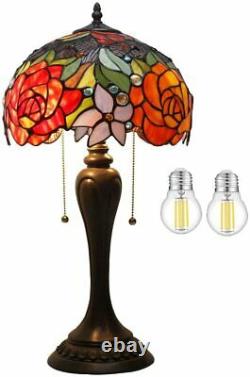 Tiffany Style Table Lamp Stained Glass Table Light, Red Rose Lampshade