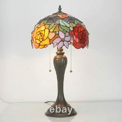 Tiffany Style Table Lamp Stained Glass Table Light, Red Rose Lampshade