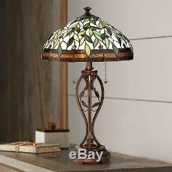 Tiffany Style Table Lamp Traditional Bronze Leaf and Vine Glass for Living Room