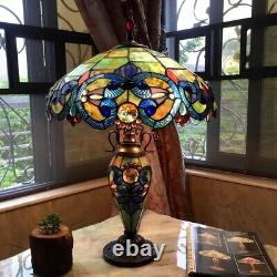 Tiffany Style Table Lamp Victorian Blue Green Teal Stained Glass Double Light