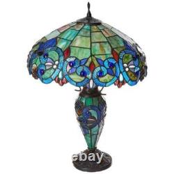 Tiffany Style Table Lamp Victorian Blue Green Teal Stained Glass Double Light