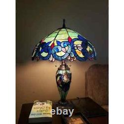 Tiffany Style Table Lamp Victorian Blue Green Teal Stained Glass Double Light