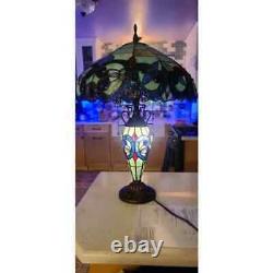 Tiffany Style Table Lamp Victorian Blue Green Teal Stained Glass Double Light