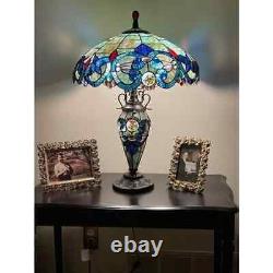 Tiffany Style Table Lamp Victorian Blue Green Teal Stained Glass Double Light