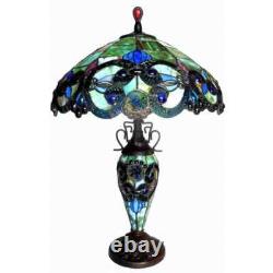 Tiffany Style Table Lamp Victorian Blue Green Teal Stained Glass Double Light